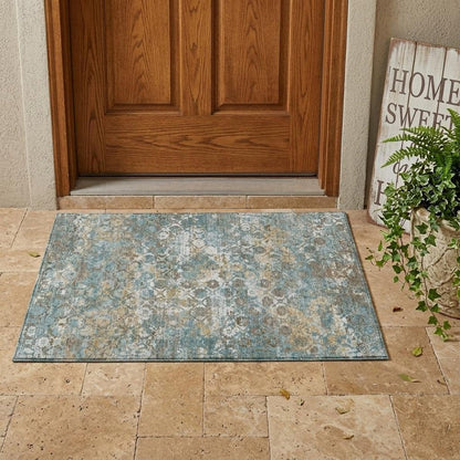 3' X 5' Teal Blue And Pewter Floral Medallion Washable Indoor Outdoor Area Rug HomeRoots