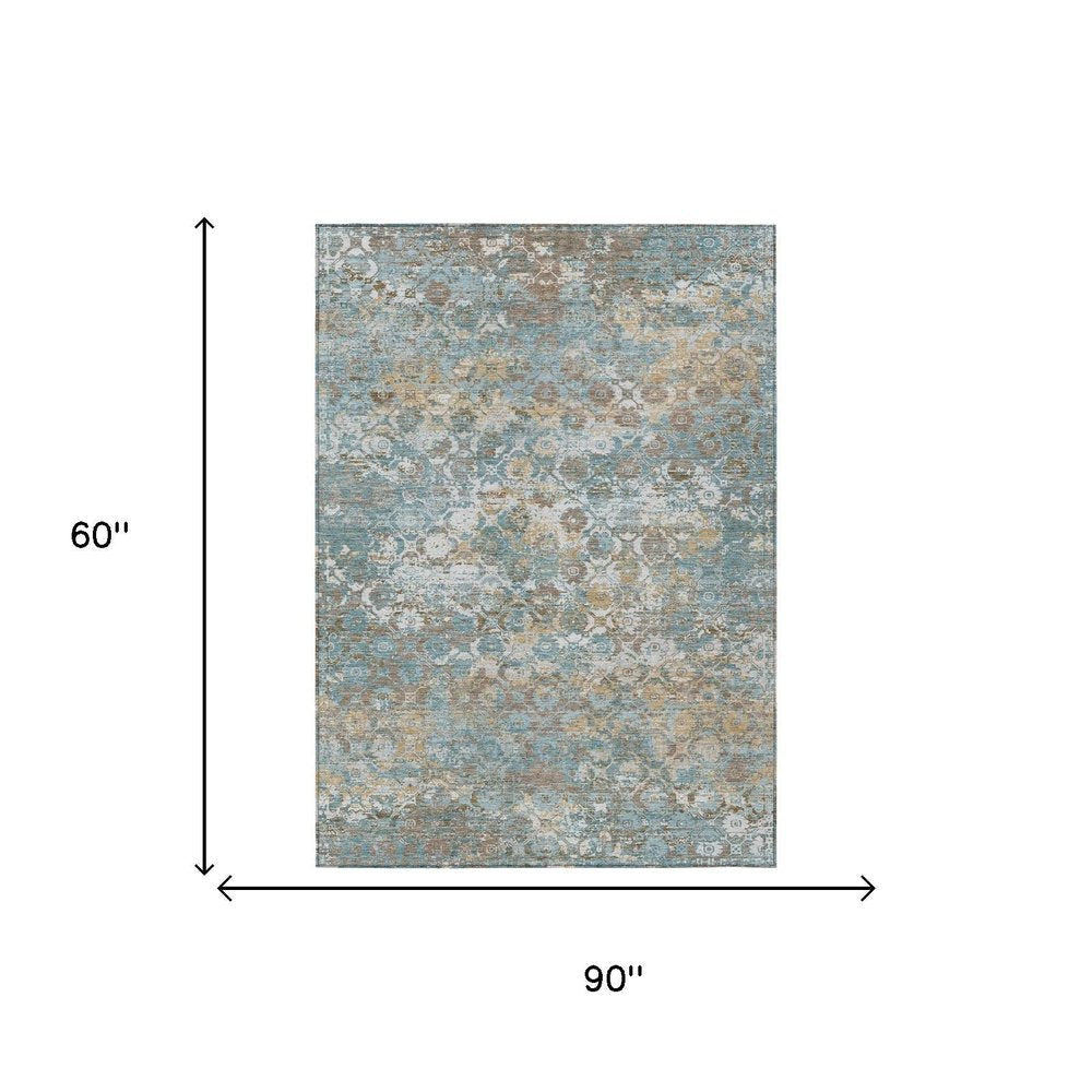 5' X 8' Teal Blue And Pewter Floral Medallion Washable Indoor Outdoor Area Rug — view 14