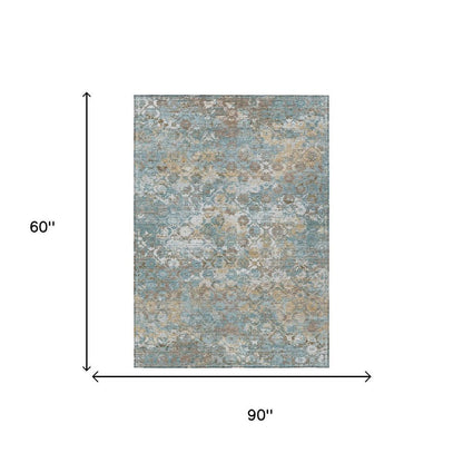5' X 8' Teal Blue And Pewter Floral Medallion Washable Indoor Outdoor Area Rug HomeRoots