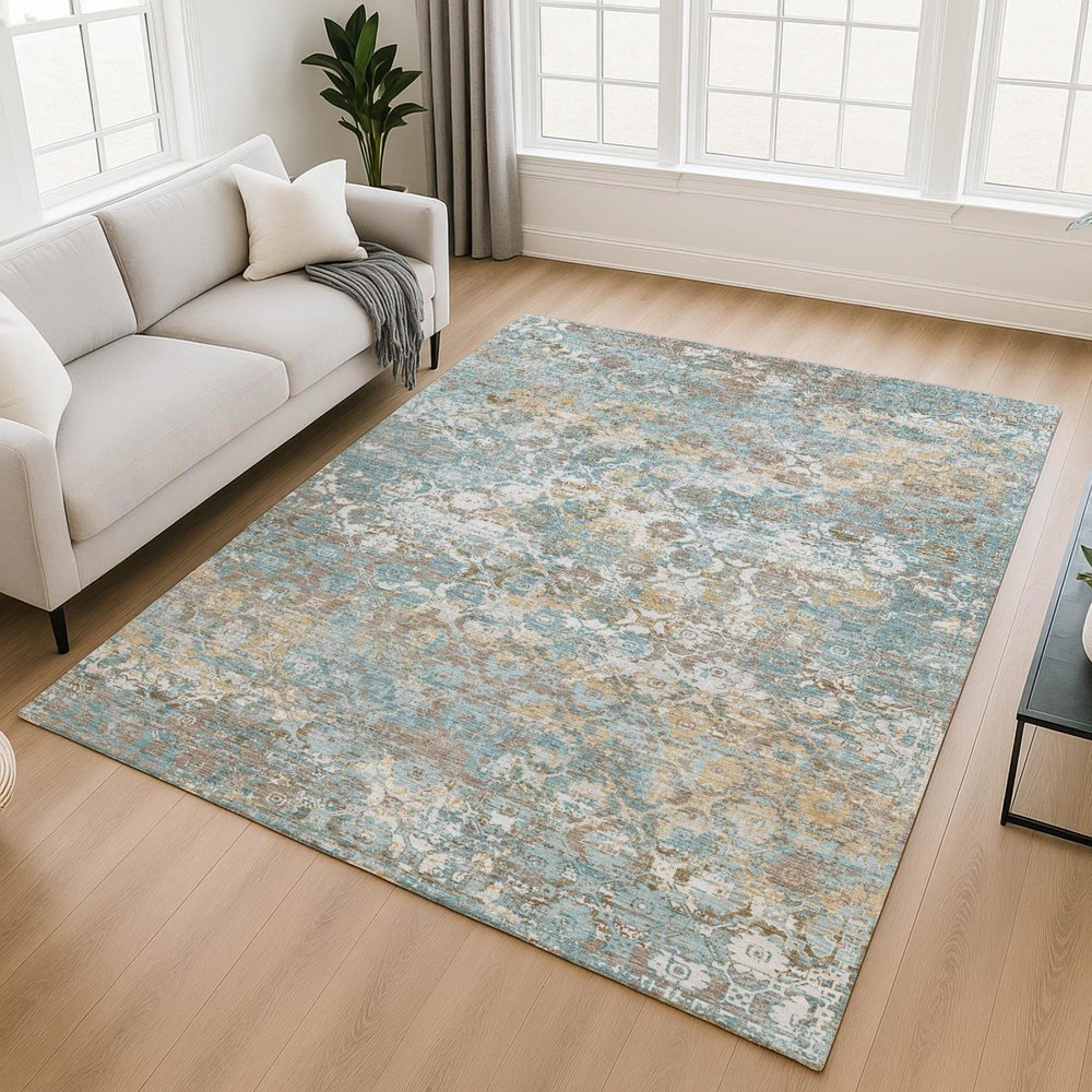 5' X 8' Teal Blue And Pewter Floral Medallion Washable Indoor Outdoor Area Rug — view 11