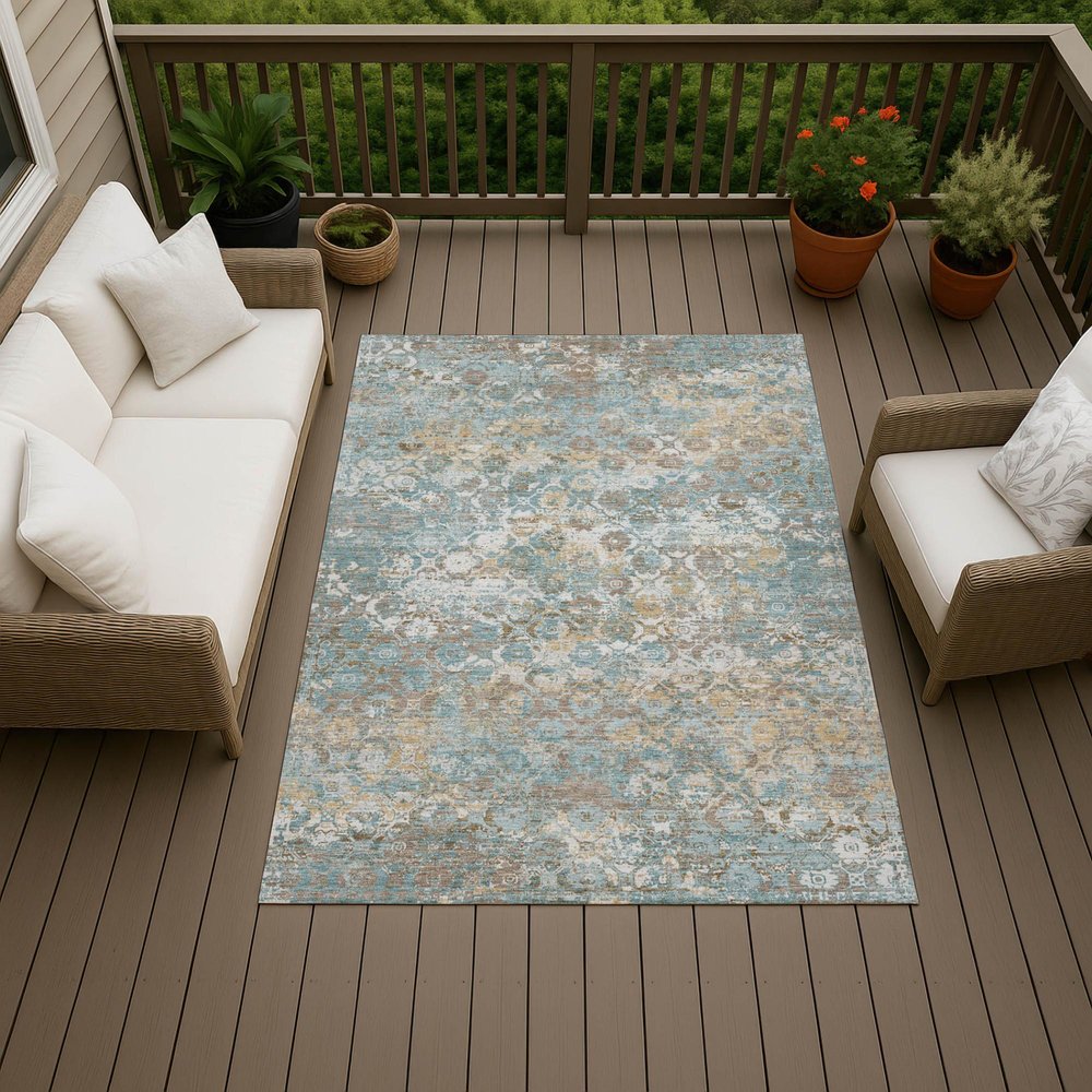 5' X 8' Teal Blue And Pewter Floral Medallion Washable Indoor Outdoor Area Rug HomeRoots