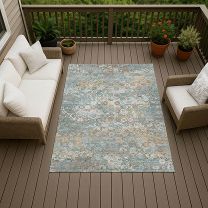5' X 8' Teal Blue And Pewter Floral Medallion Washable Indoor Outdoor Area Rug HomeRoots