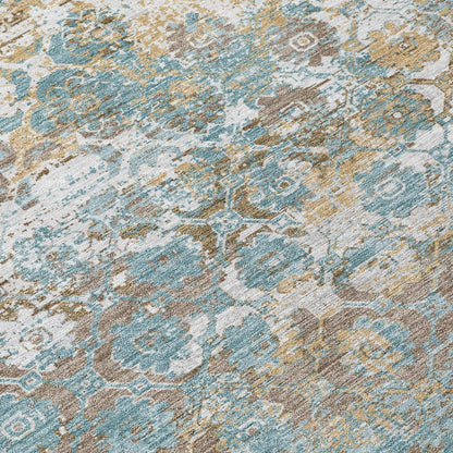 5' X 8' Teal Blue And Pewter Floral Medallion Washable Indoor Outdoor Area Rug HomeRoots