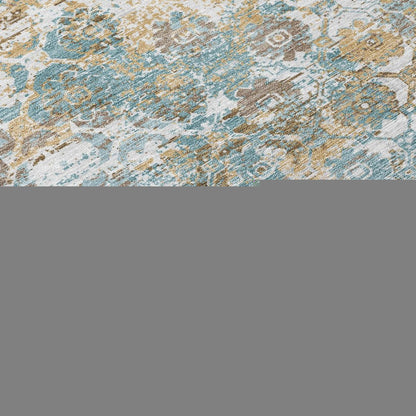5' X 8' Teal Blue And Pewter Floral Medallion Washable Indoor Outdoor Area Rug HomeRoots