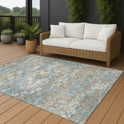 5' X 8' Teal Blue And Pewter Floral Medallion Washable Indoor Outdoor Area Rug HomeRoots