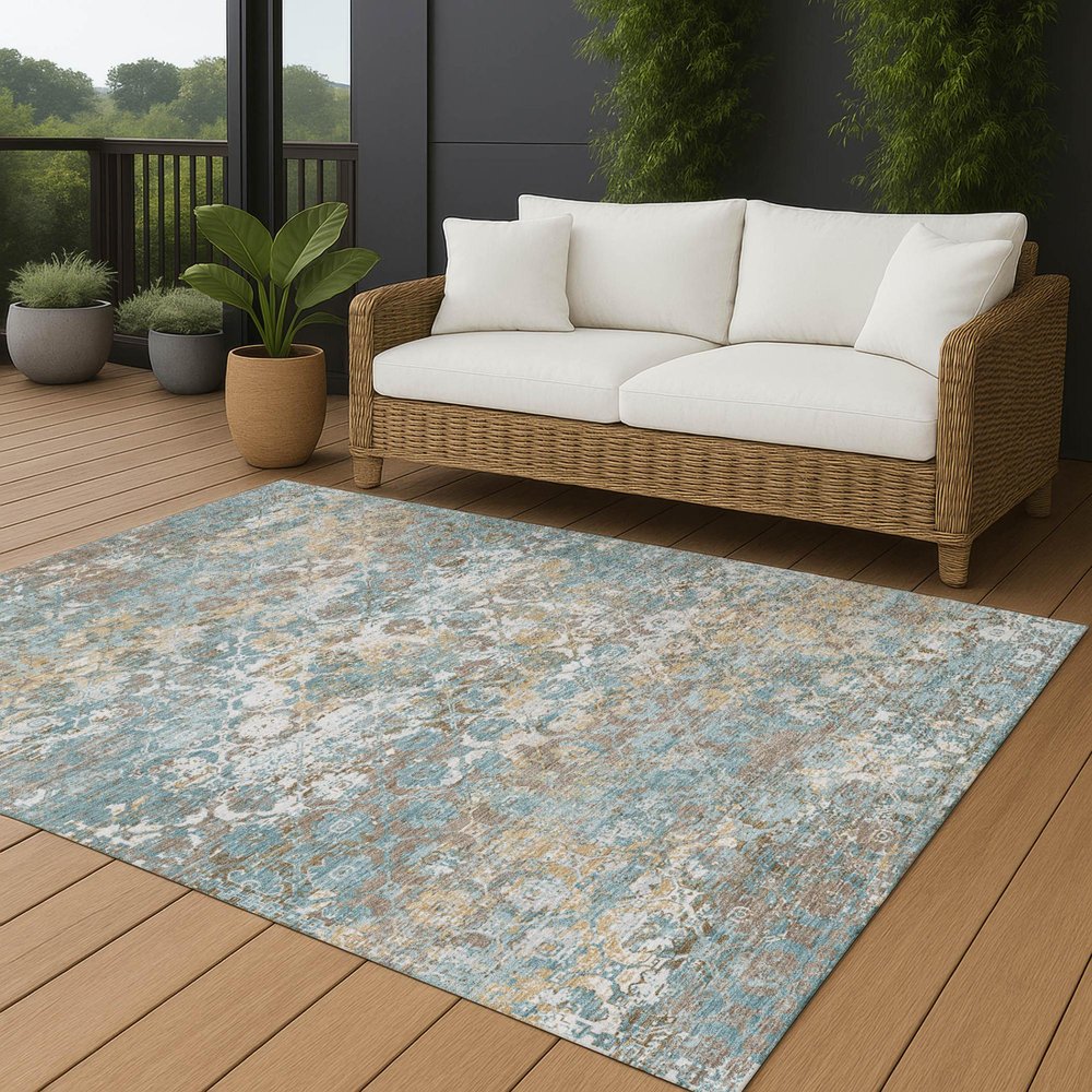 5' X 8' Teal Blue And Pewter Floral Medallion Washable Indoor Outdoor Area Rug — view 10