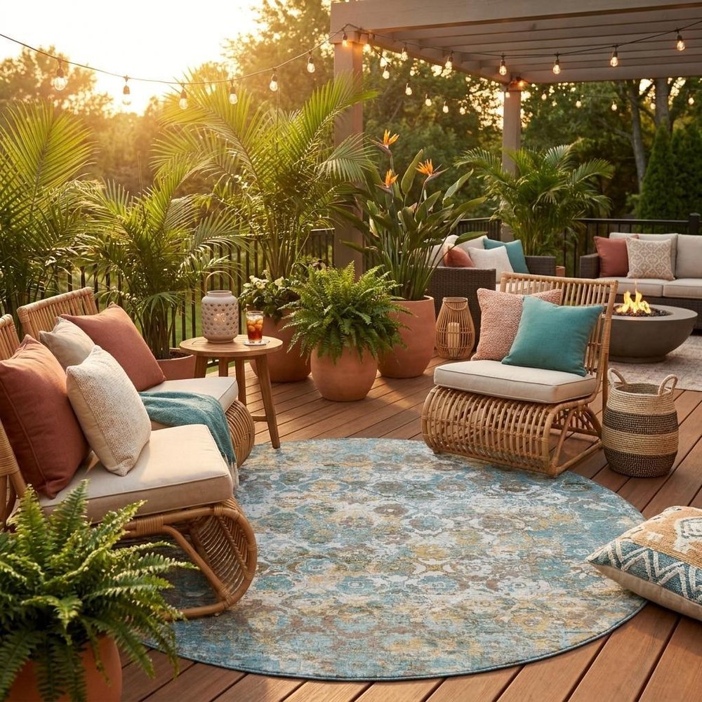 8' Teal Blue And Pewter Round Floral Medallion Washable Indoor Outdoor Area Rug — view 6