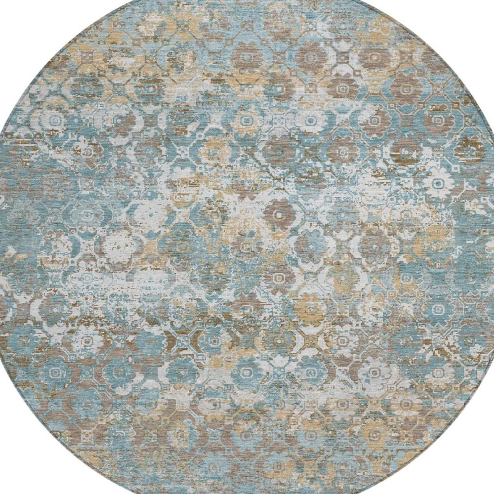 8' Teal Blue And Pewter Round Floral Medallion Washable Indoor Outdoor Area Rug