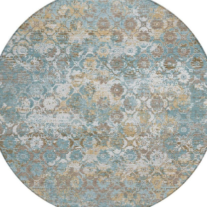 8' Teal Blue And Pewter Round Floral Medallion Washable Indoor Outdoor Area Rug