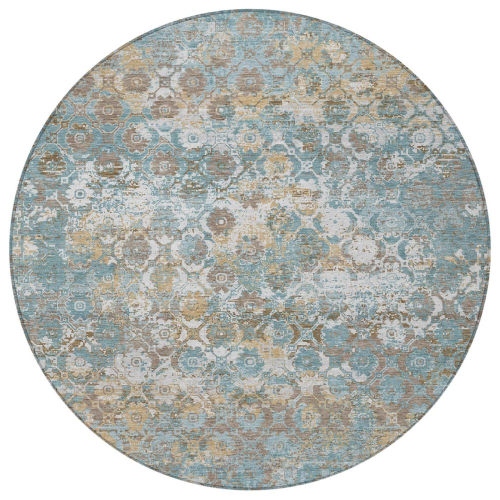 8' Teal Blue And Pewter Round Floral Medallion Washable Indoor Outdoor Area Rug