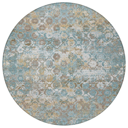 8' Teal Blue And Pewter Round Floral Medallion Washable Indoor Outdoor Area Rug