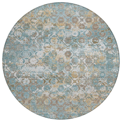 8' Teal Blue And Pewter Round Floral Medallion Washable Indoor Outdoor Area Rug HomeRoots