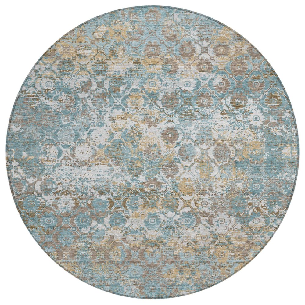 8' Teal Blue And Pewter Round Floral Medallion Washable Indoor Outdoor Area Rug — view 1
