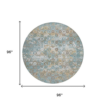 8' Teal Blue And Pewter Round Floral Medallion Washable Indoor Outdoor Area Rug HomeRoots