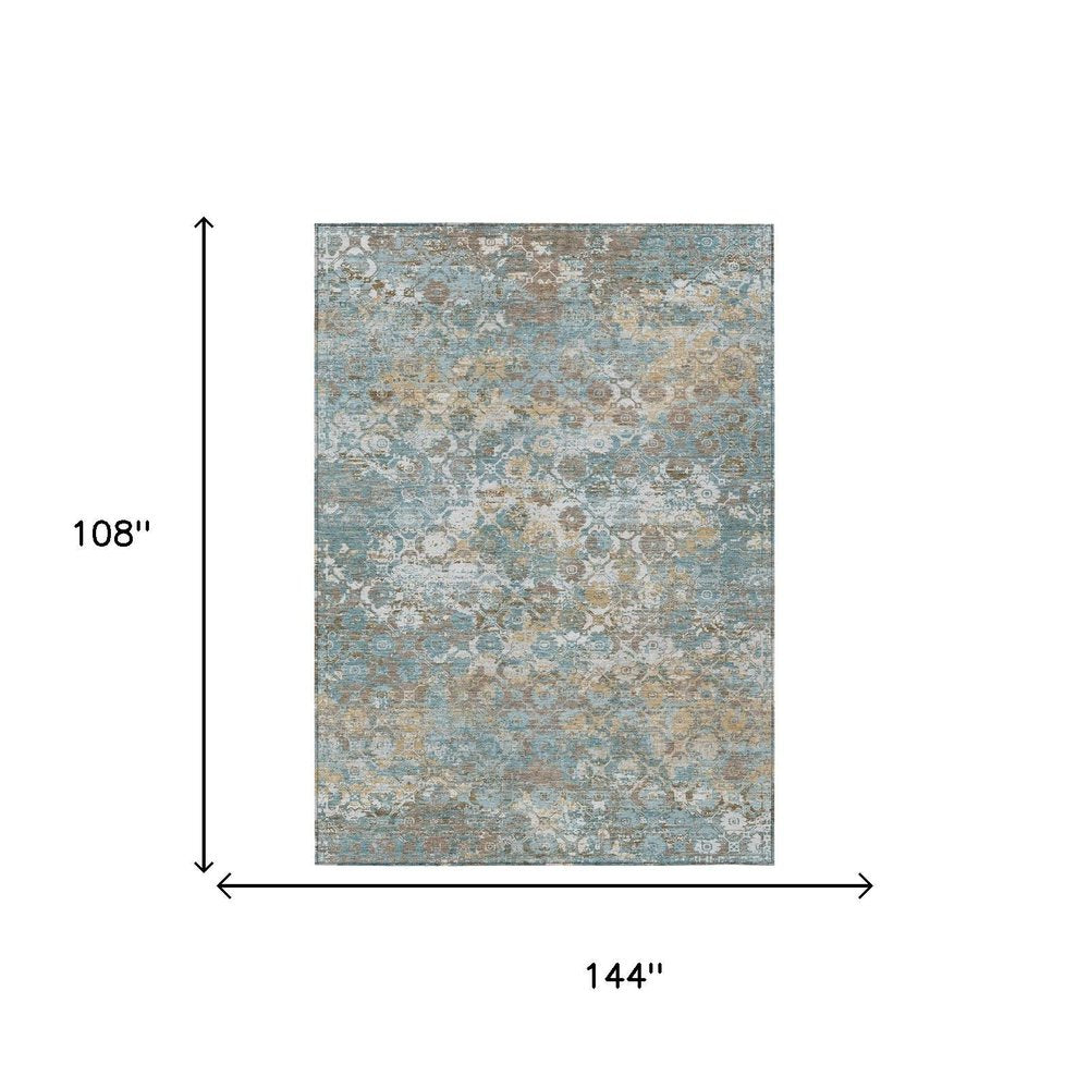 9' X 12' Teal Blue And Pewter Floral Medallion Washable Indoor Outdoor Area Rug — view 5