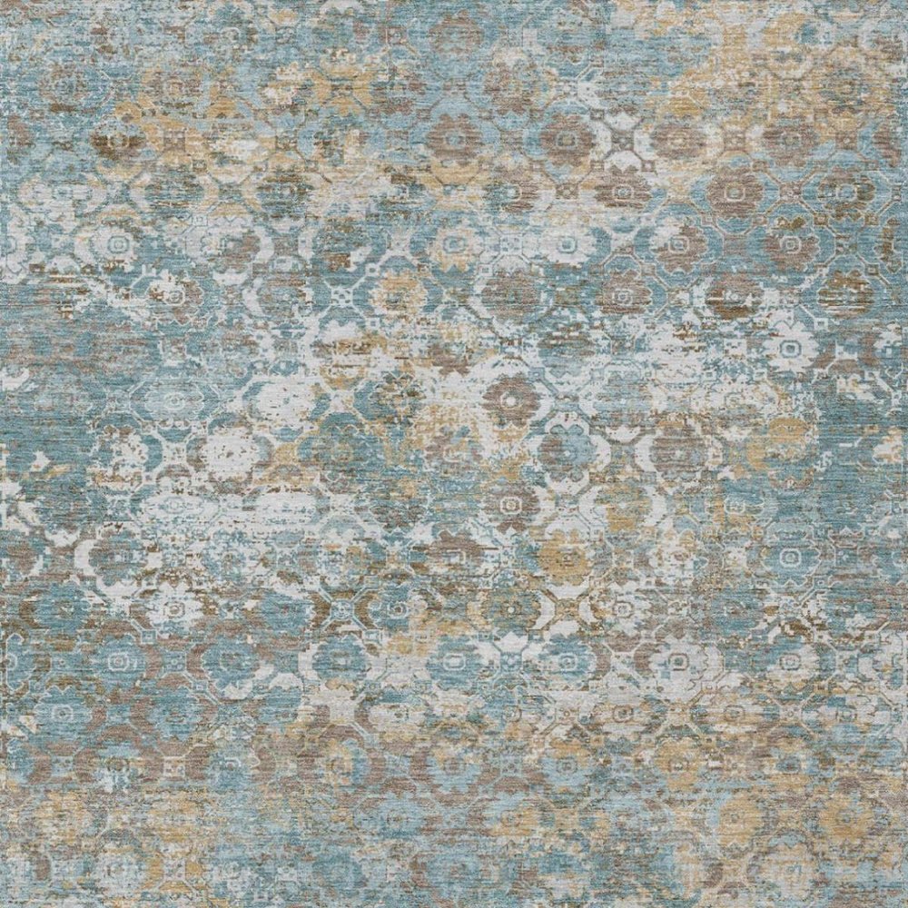 9' X 12' Teal Blue And Pewter Floral Medallion Washable Indoor Outdoor Area Rug