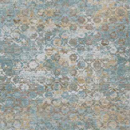 9' X 12' Teal Blue And Pewter Floral Medallion Washable Indoor Outdoor Area Rug