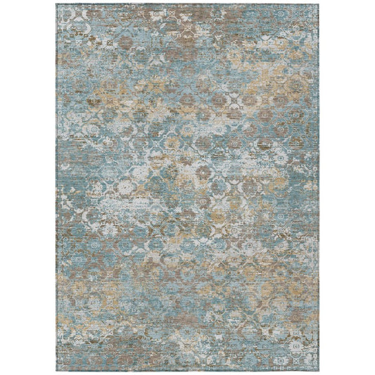 9' X 12' Teal Blue And Pewter Floral Medallion Washable Indoor Outdoor Area Rug