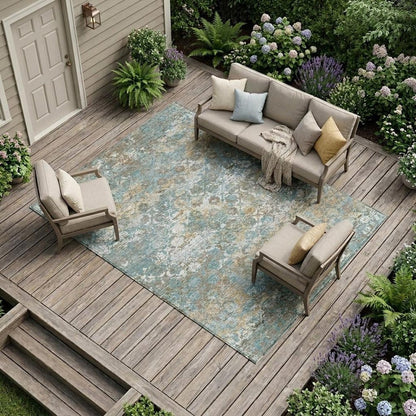 9' X 12' Teal Blue And Pewter Floral Medallion Washable Indoor Outdoor Area Rug HomeRoots