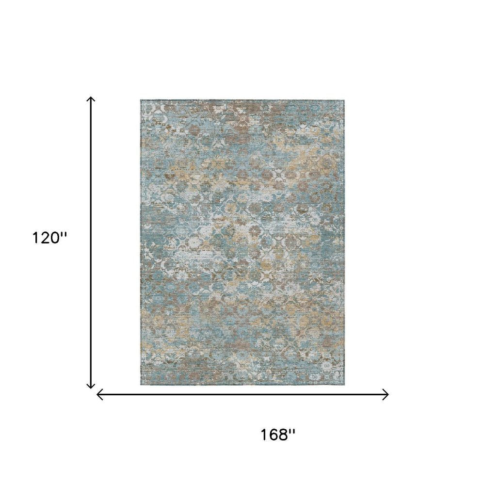 10' X 14' Teal Blue And Pewter Floral Medallion Washable Indoor Outdoor Area Rug — view 5
