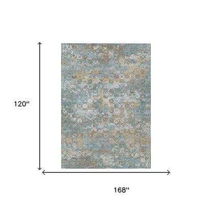 10' X 14' Teal Blue And Pewter Floral Medallion Washable Indoor Outdoor Area Rug HomeRoots