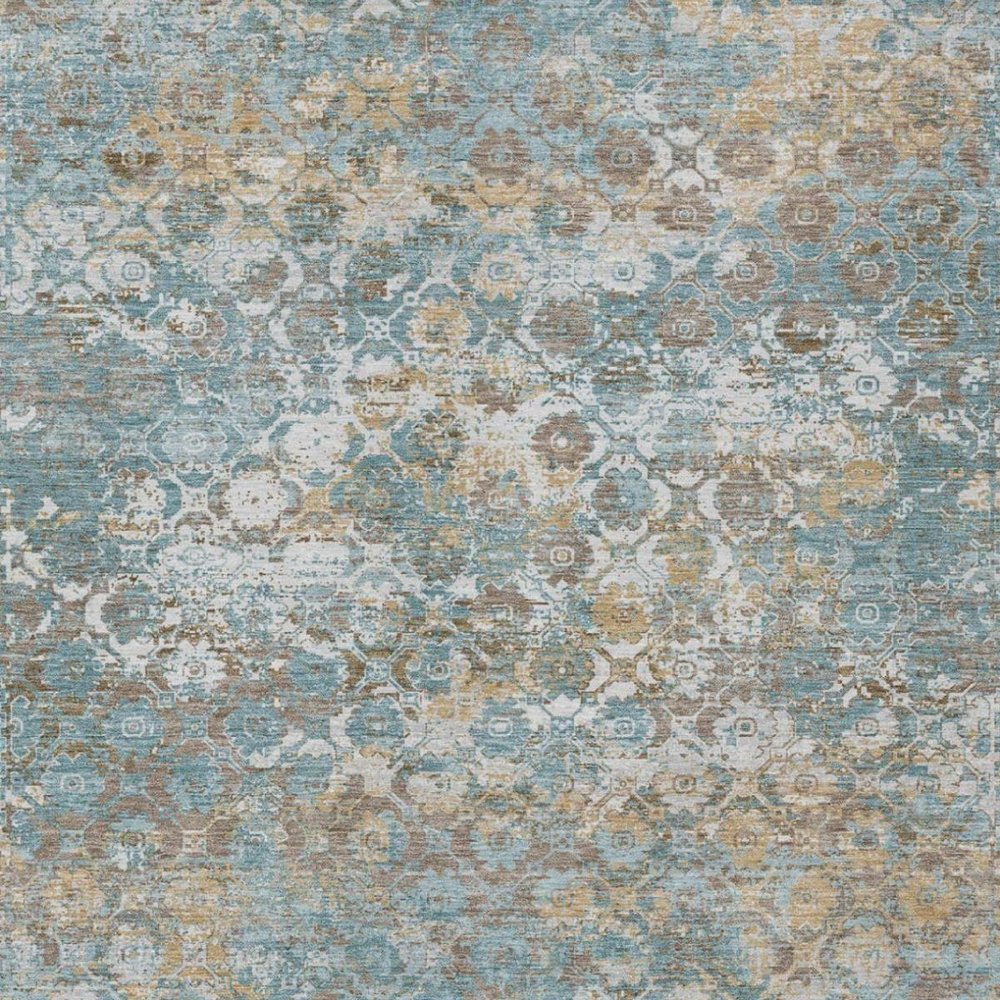 10' X 14' Teal Blue And Pewter Floral Medallion Washable Indoor Outdoor Area Rug — view 7