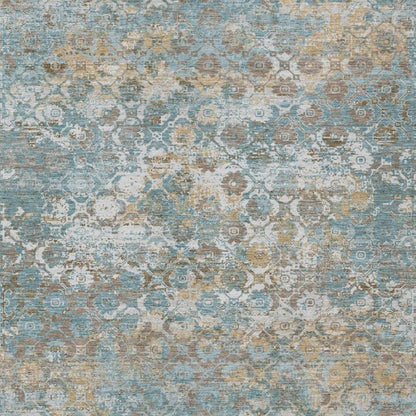 10' X 14' Teal Blue And Pewter Floral Medallion Washable Indoor Outdoor Area Rug