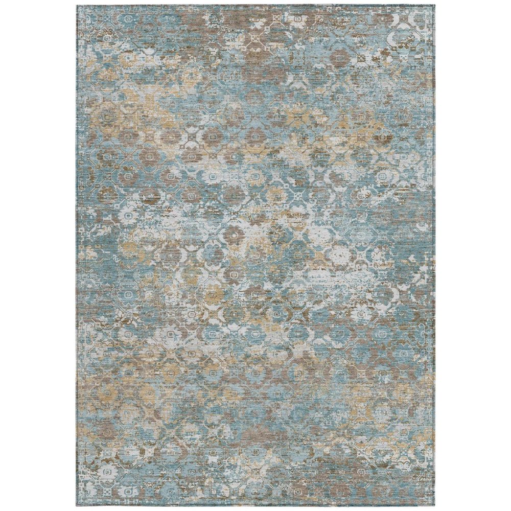 10' X 14' Teal Blue And Pewter Floral Medallion Washable Indoor Outdoor Area Rug