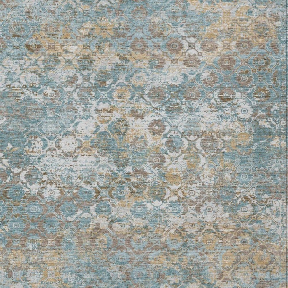 10' X 14' Teal Blue And Pewter Floral Medallion Washable Indoor Outdoor Area Rug — view 9