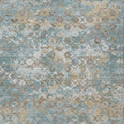 10' X 14' Teal Blue And Pewter Floral Medallion Washable Indoor Outdoor Area Rug
