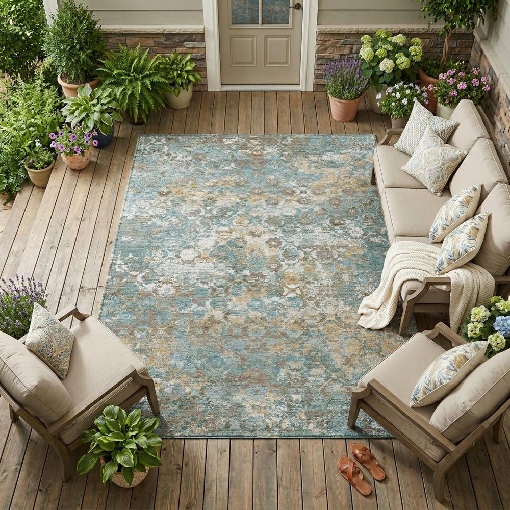 10' X 14' Teal Blue And Pewter Floral Medallion Washable Indoor Outdoor Area Rug — view 10