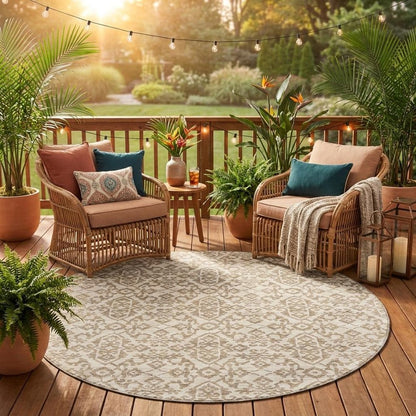 8' Ivory And Beige Round Damask Washable Indoor Outdoor Area Rug HomeRoots