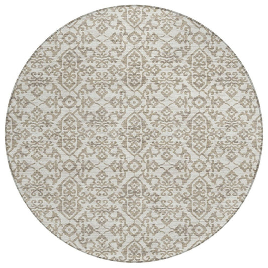 8' Ivory And Beige Round Damask Washable Indoor Outdoor Area Rug