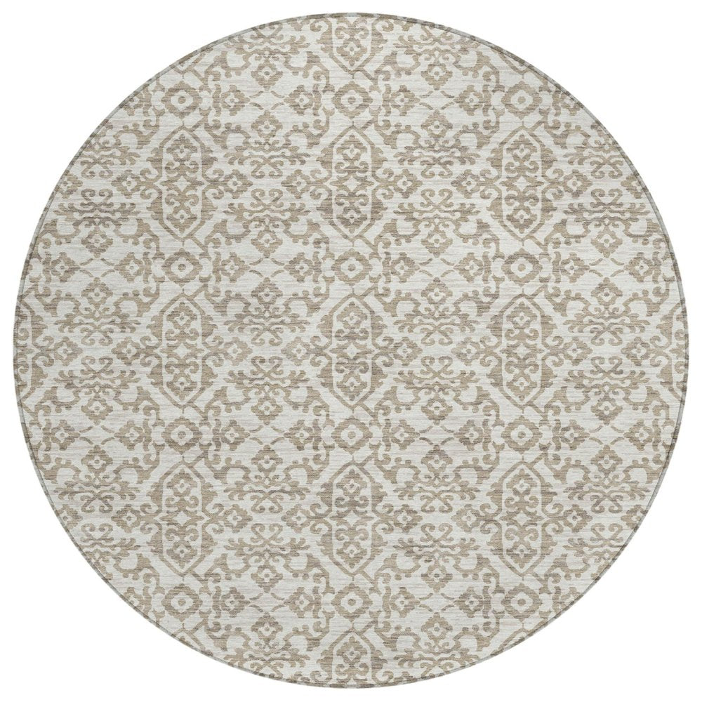8' Ivory And Beige Round Damask Washable Indoor Outdoor Area Rug HomeRoots