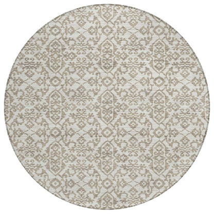 8' Ivory And Beige Round Damask Washable Indoor Outdoor Area Rug HomeRoots