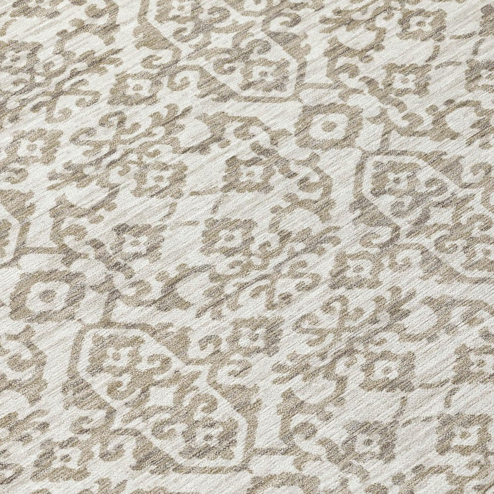 8' Ivory And Beige Round Damask Washable Indoor Outdoor Area Rug — view 3