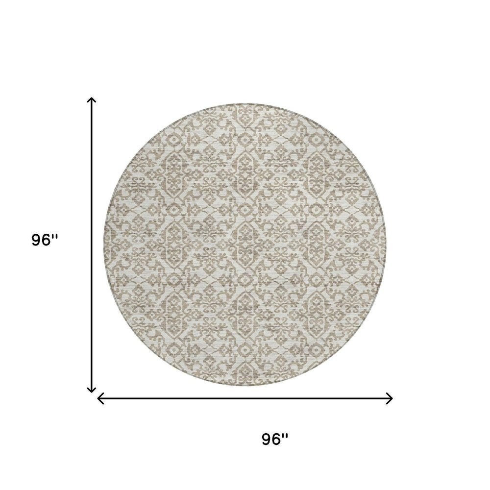 8' Ivory And Beige Round Damask Washable Indoor Outdoor Area Rug — view 4