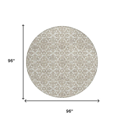 8' Ivory And Beige Round Damask Washable Indoor Outdoor Area Rug HomeRoots