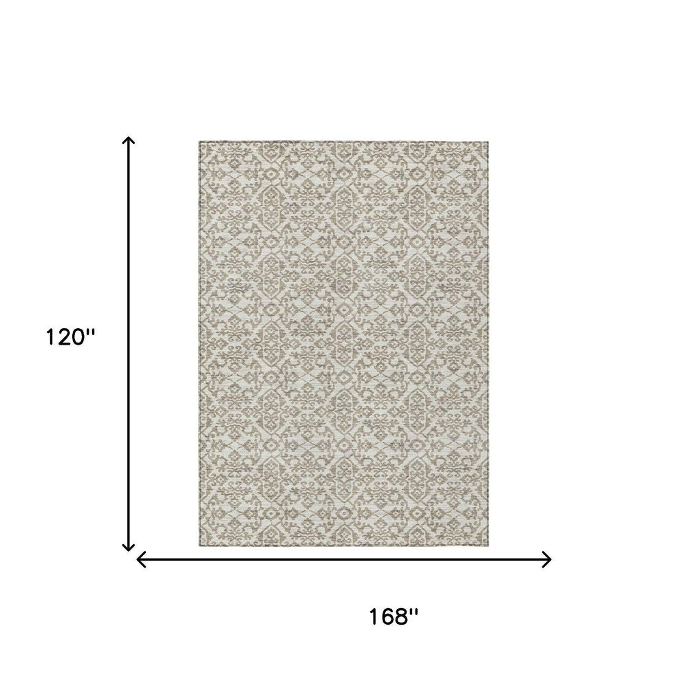 10' X 14' Ivory And Beige Damask Washable Indoor Outdoor Area Rug — view 4