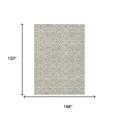 10' X 14' Ivory And Beige Damask Washable Indoor Outdoor Area Rug