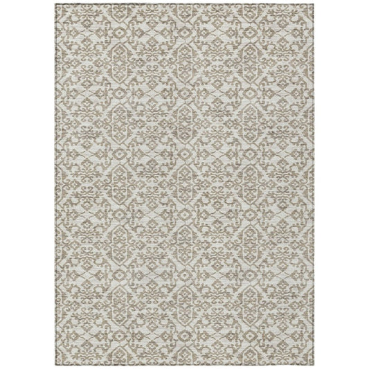 10' X 14' Ivory And Beige Damask Washable Indoor Outdoor Area Rug