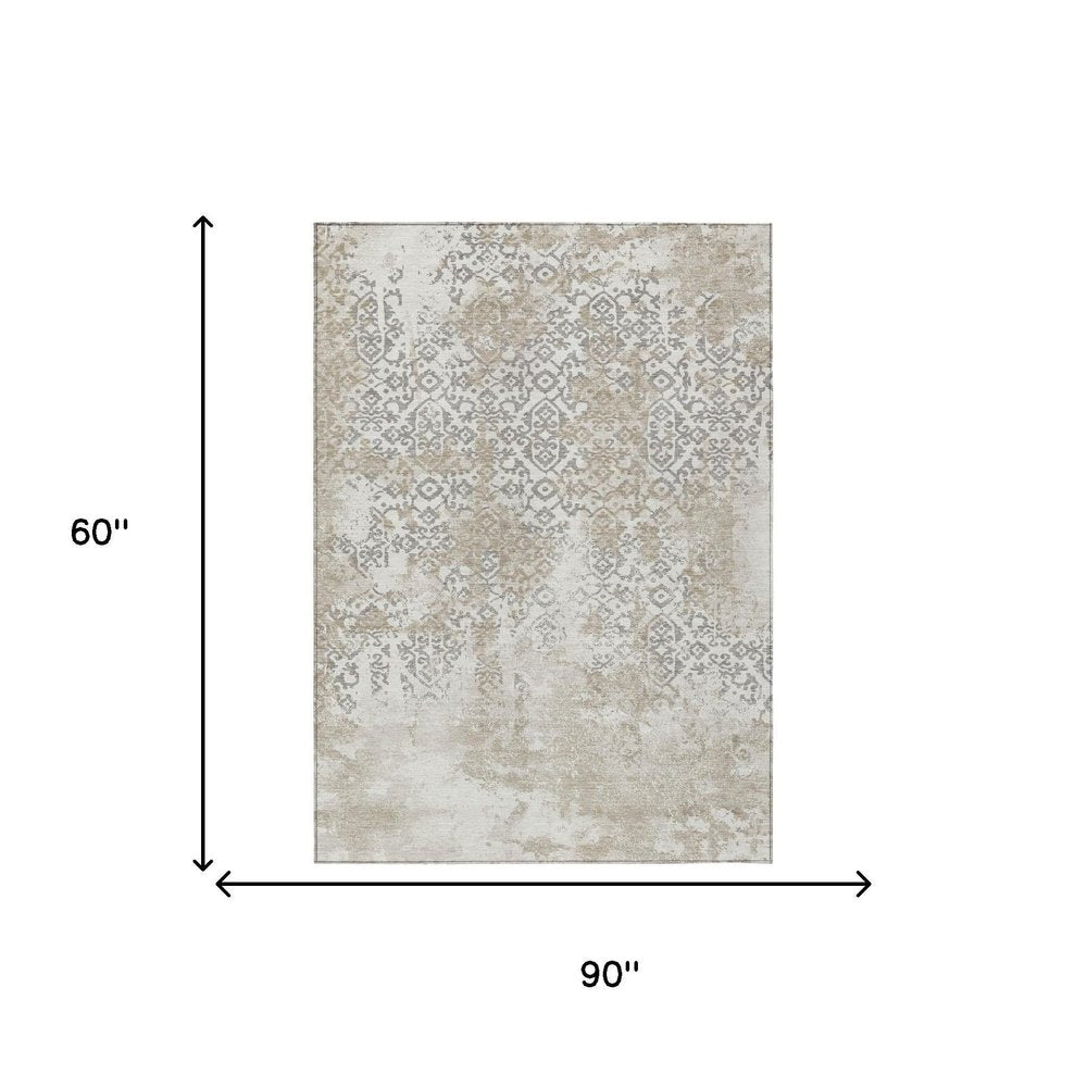 5' X 8' Ivory And Silver Abstract Washable Indoor Outdoor Area Rug HomeRoots