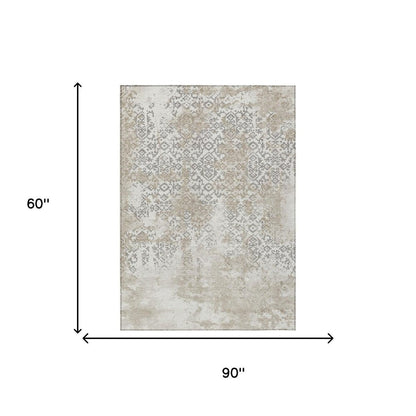 5' X 8' Ivory And Silver Abstract Washable Indoor Outdoor Area Rug HomeRoots