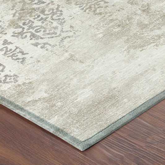5' X 8' Ivory And Silver Abstract Washable Indoor Outdoor Area Rug