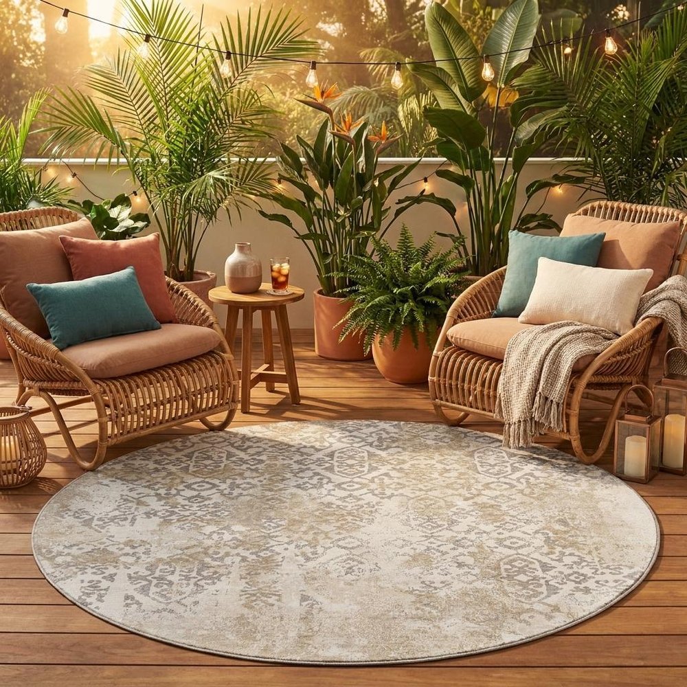 8' Ivory And Silver Round Abstract Washable Indoor Outdoor Area Rug HomeRoots