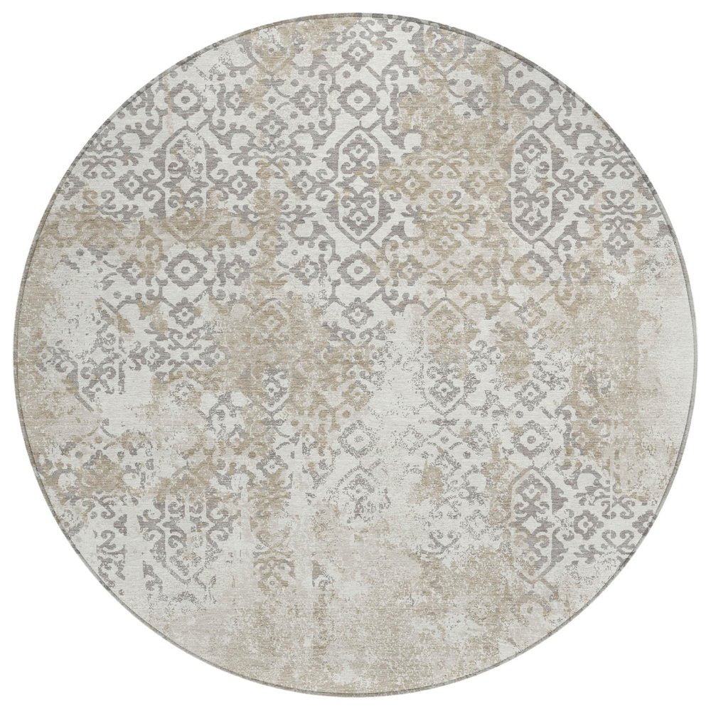 8' Ivory And Silver Round Abstract Washable Indoor Outdoor Area Rug — view 1