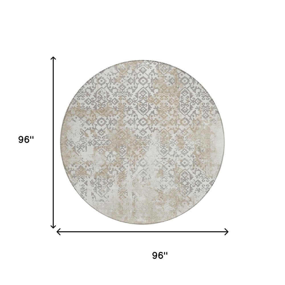 8' Ivory And Silver Round Abstract Washable Indoor Outdoor Area Rug HomeRoots