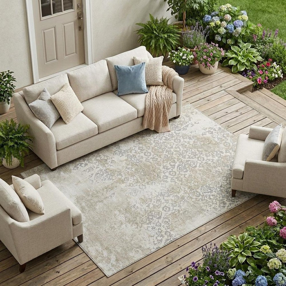 9' X 12' Ivory And Silver Abstract Washable Indoor Outdoor Area Rug HomeRoots