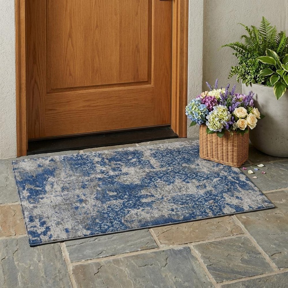 3' X 5' Navy Blue And Blue Abstract Washable Indoor Outdoor Area Rug — view 5