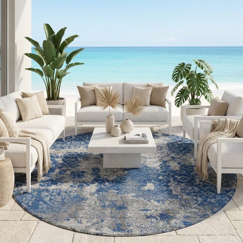 8' Navy Blue And Blue Round Abstract Washable Indoor Outdoor Area Rug HomeRoots
